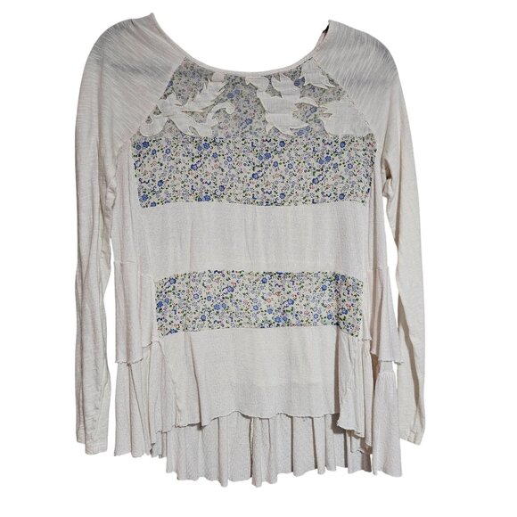 Free People Soft Cream Floral Tunic Top S Cottagecore Peplum Boho Chic Romantic - Picture 2 of 11